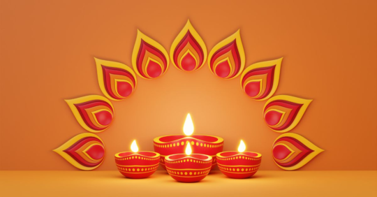 Graphic of decorated Diwali lamps with flame designs on an orange background.