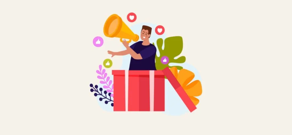 A person with a megaphone stands in an open gift box, surrounded by colorful leaves and social media icons like hearts and thumbs up.