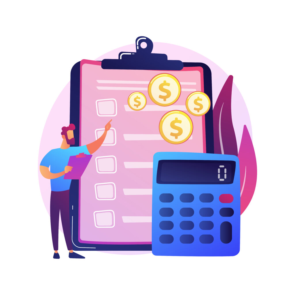 A person with a clipboard points at a checklist beside a calculator and floating dollar coins, symbolizing financial planning.