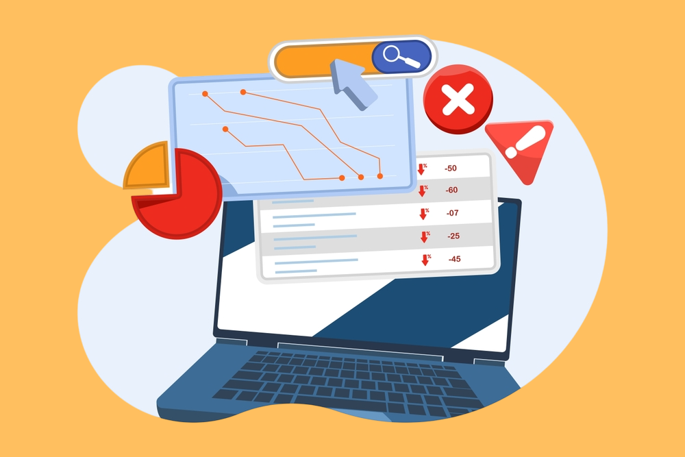 A laptop displaying data graphs, metrics with negative values, and alert icons, set against an orange background.