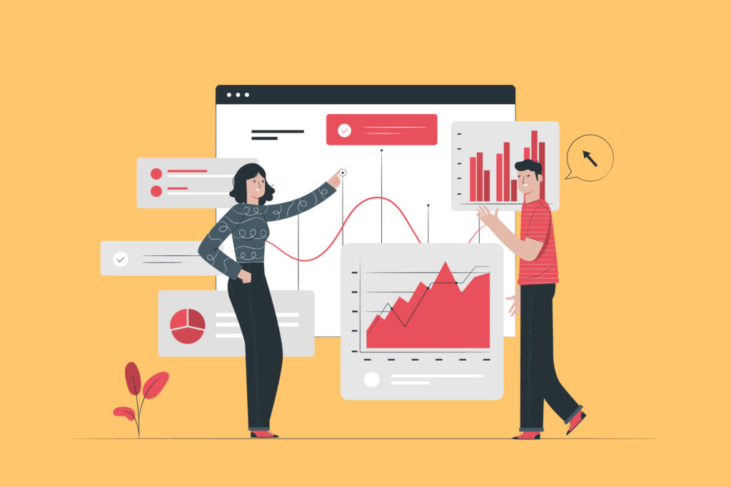 Illustration of two people discussing charts and data analytics on a colorful background, with graphs and numerical data displayed.