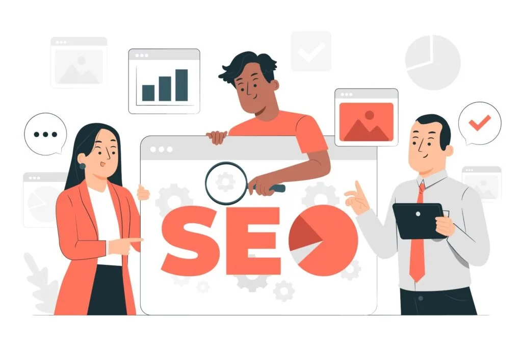 Three individuals engage in a discussion about SEO, surrounded by graphs, charts, and a large "SEO" sign in the center.