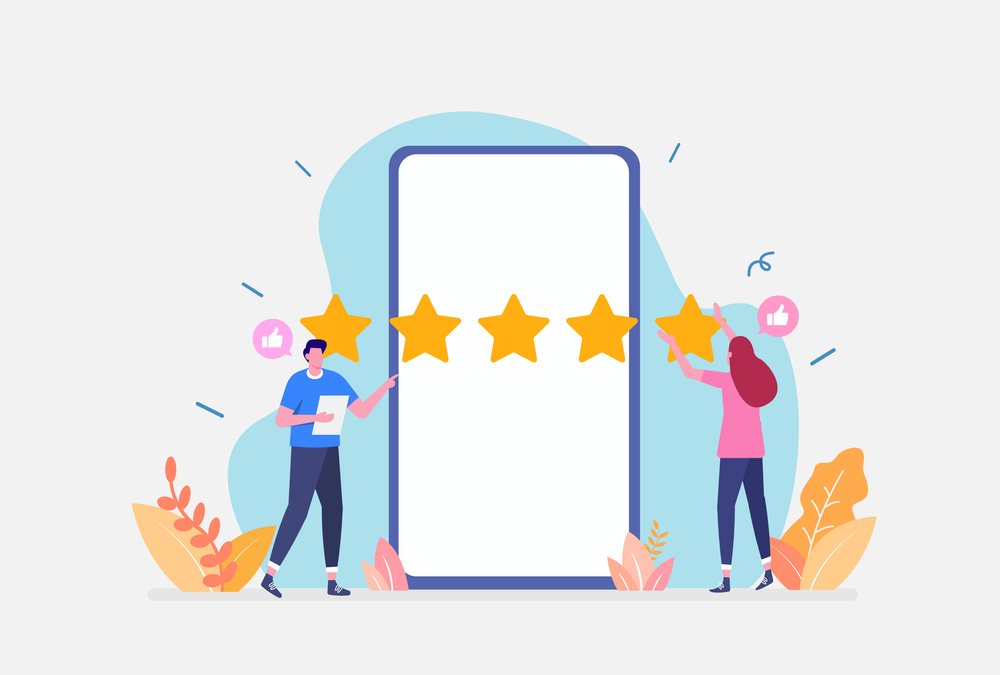 Two people place five stars on a large smartphone screen, surrounded by plants, while expressing positive feedback with thumbs-up icons.