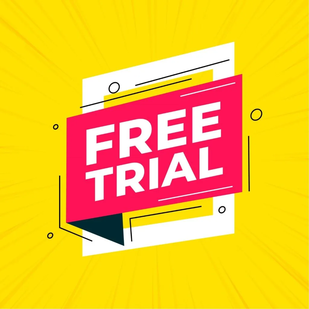 Bright yellow background featuring bold, pink text that reads "FREE TRIAL," surrounded by graphic elements for emphasis.