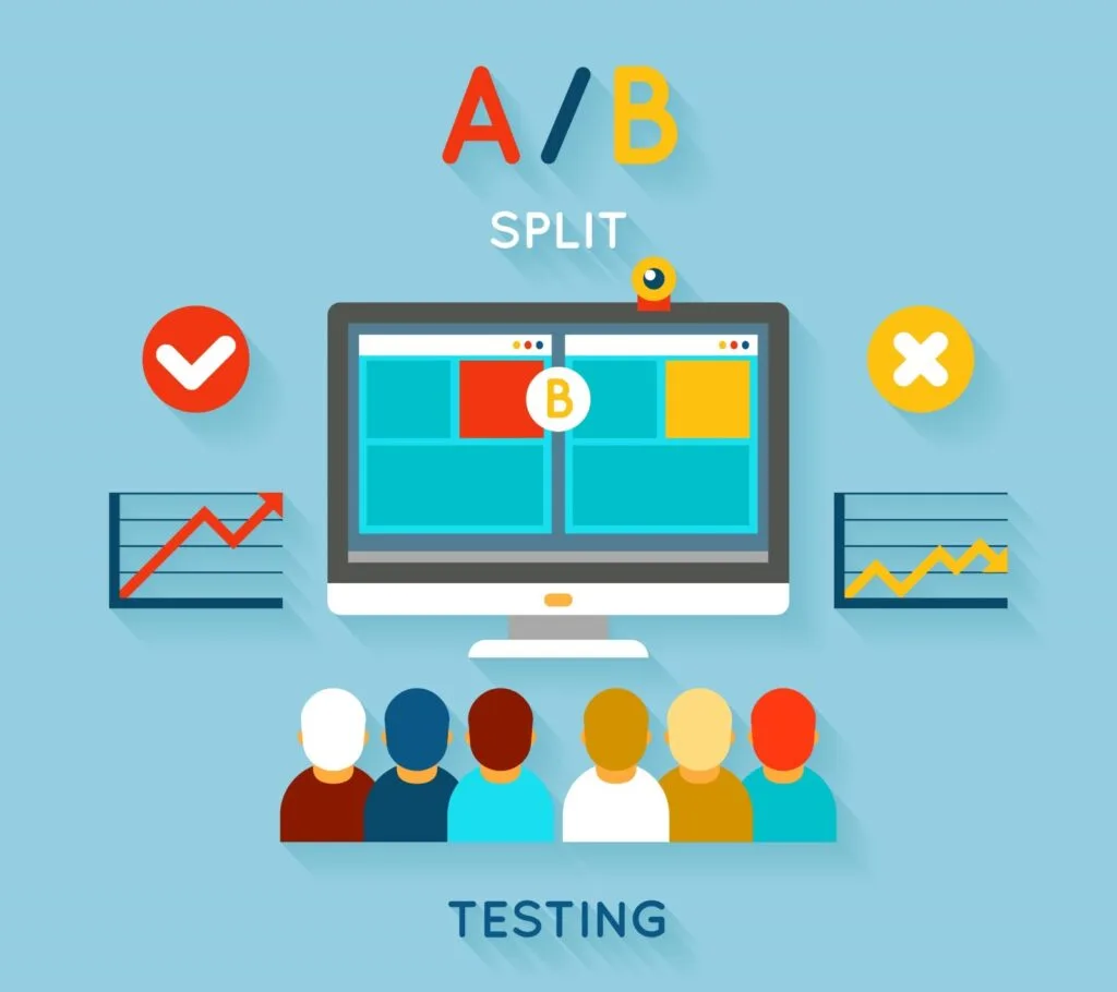 Illustration of A/B split testing, featuring a computer screen displaying options A and B, with data graphs and user engagement icons.