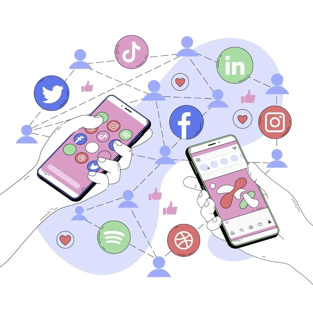 Two hands hold smartphones displaying social media apps, connected by icons representing online interactions and user engagement.