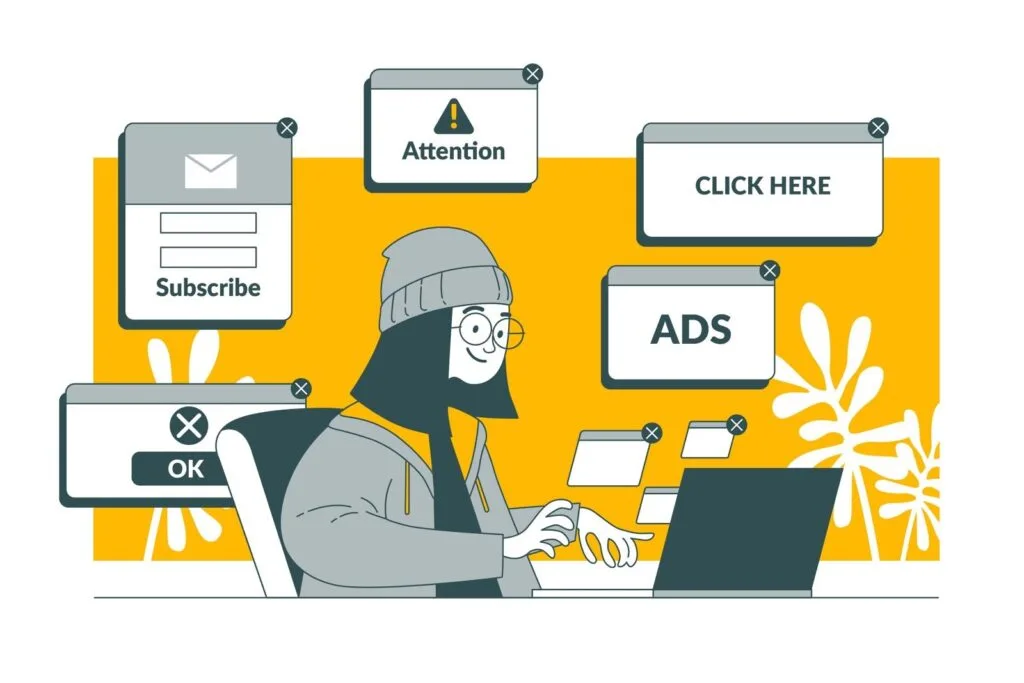 A person sitting at a laptop surrounded by various pop-up messages, including ads and subscription prompts, against a bright yellow background.