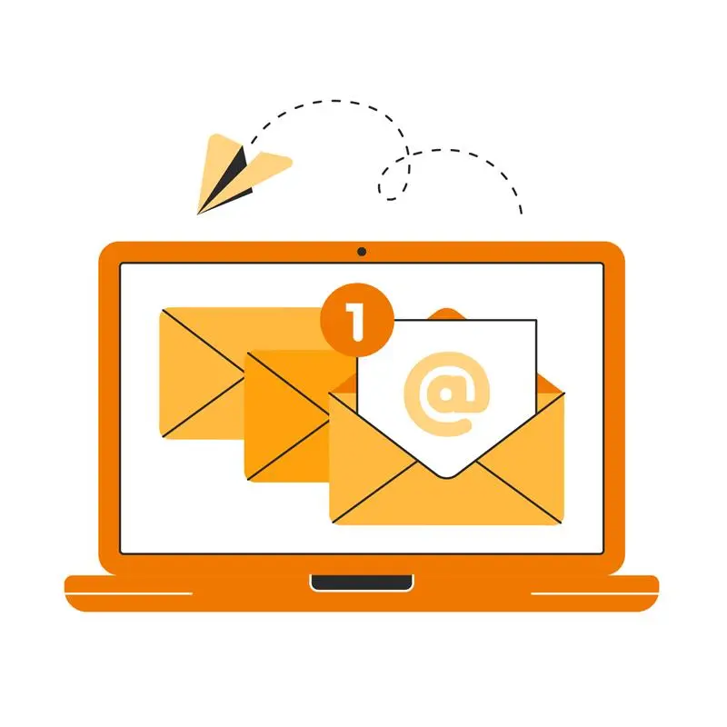 Illustration of an orange laptop displaying three envelopes, with one highlighted, indicating a new email notification. A paper airplane is flying above.