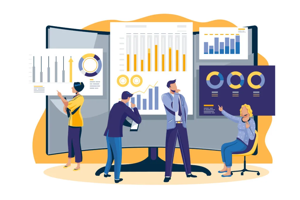 A team analyzes data on large screens, with charts and graphs depicting trends and statistics for discussion and strategy planning.