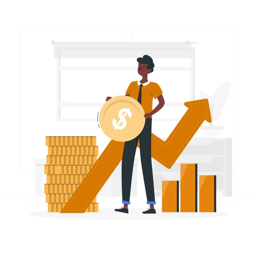 A person in a yellow shirt holds a large dollar coin next to stacks of coins and ascending bar graphs, symbolizing financial growth.