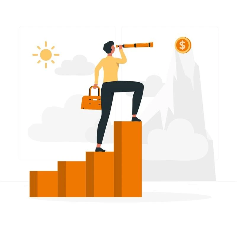 A person stands on an orange bar chart, using a telescope to view a dollar sign atop a mountain, symbolizing financial insight and growth.