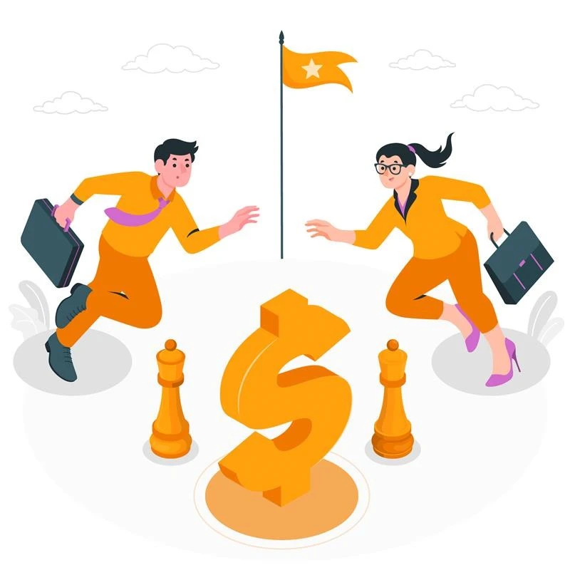 Two businesspeople in orange attire race towards a large dollar sign and chess pieces, symbolizing competition and ambition.