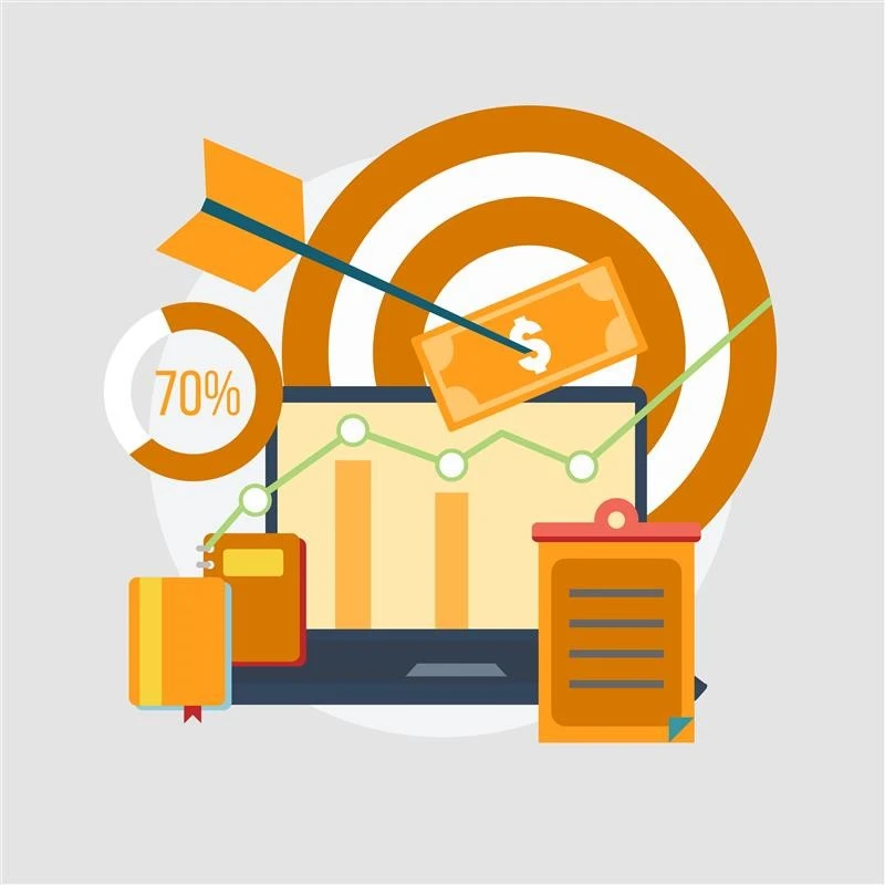 An illustration of a laptop with graphs, books, a dollar bill, and a target, symbolizing financial growth and success.