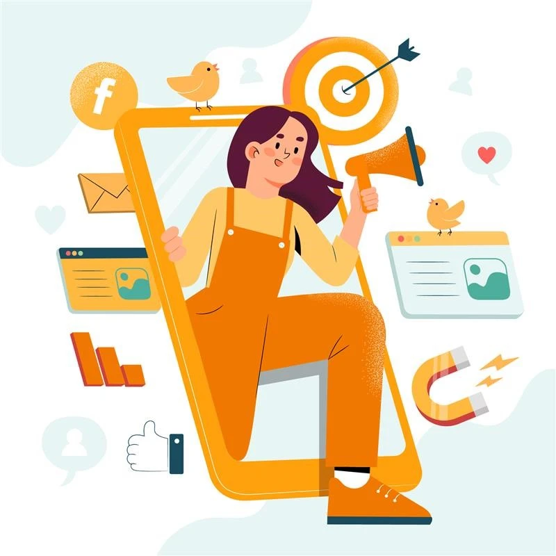 A person in orange overalls holds a megaphone, surrounded by social media icons, charts, and imagery symbolizing digital marketing.