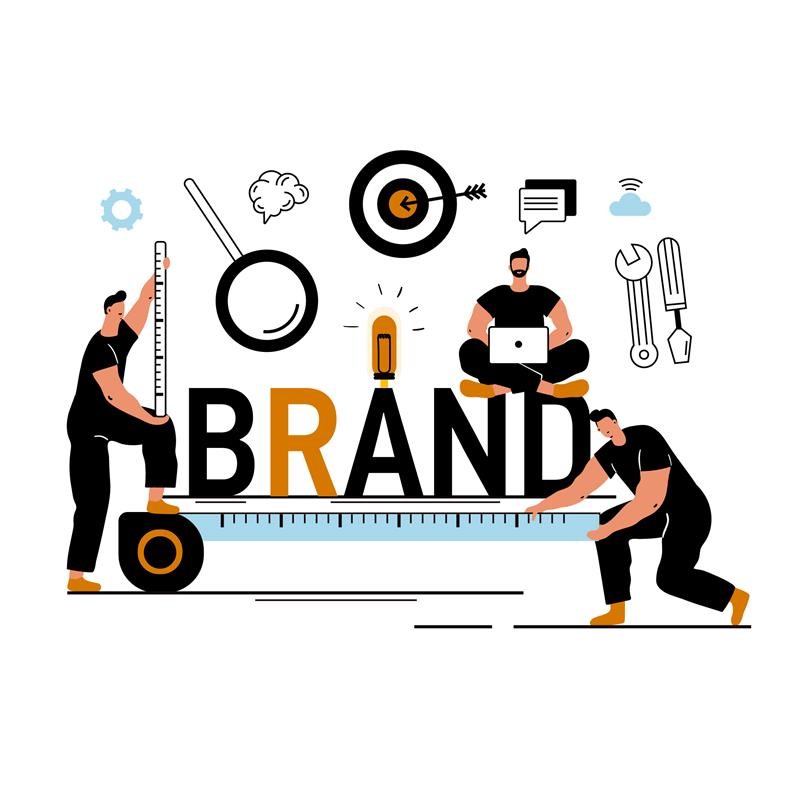 Illustration of three men working on the word "BRAND" with measurement tools and icons representing strategy, ideas, and communication.